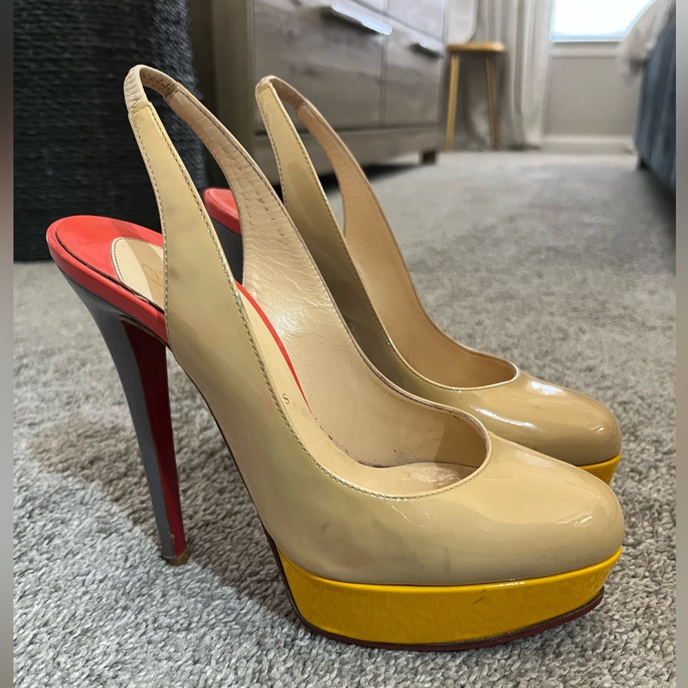 Christian Louboutin Bianca Multicolored Sling Back Platform Heels.